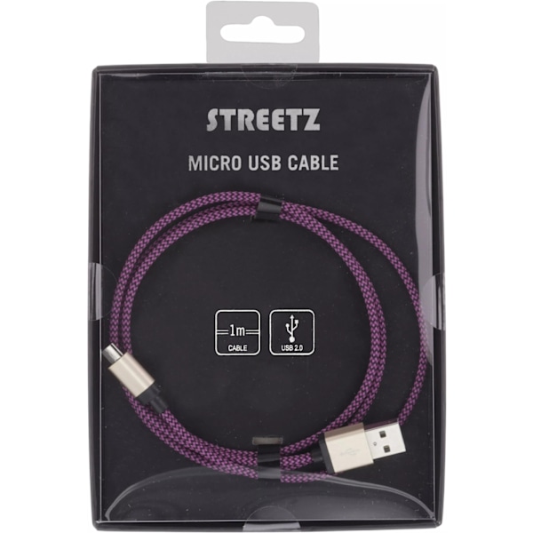STREETZ USB-kaapeli, kangasp., Type A ur - Type Micro B, 1m, violetti