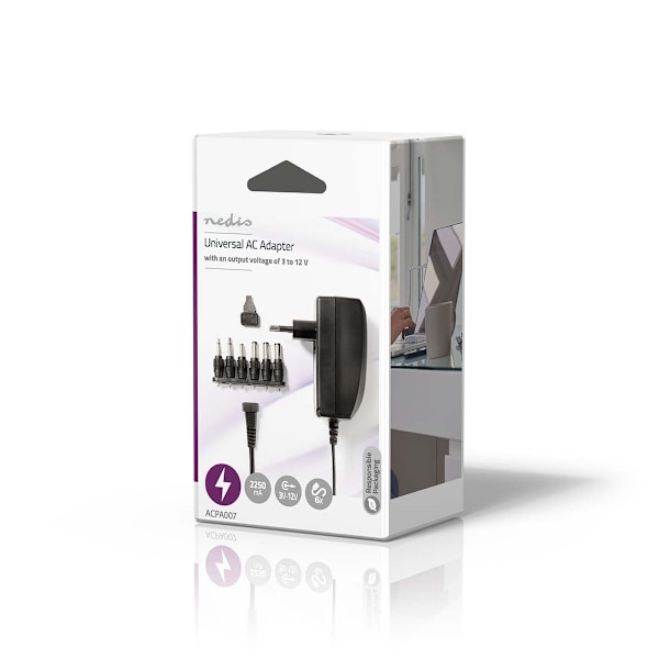 Nedis Universal nätadapter | 27 W | 3 - 12 V DC | 1.80 m | 2.25 A A | 6 plug(s) | Svart