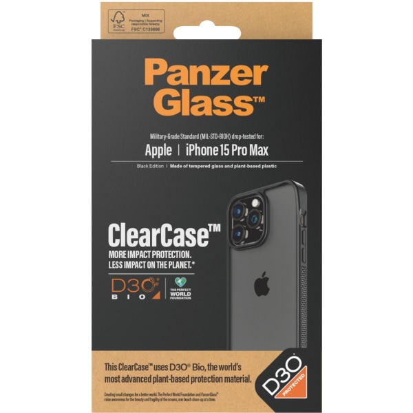 PanzerGlass ClearCase D3O-suojakuorella, iPhone 15 Pro Max Svart