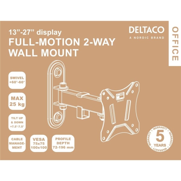 DELTACO Office, full-motion 2-way wall, 13"-27", 25kg, 75x75-100-100