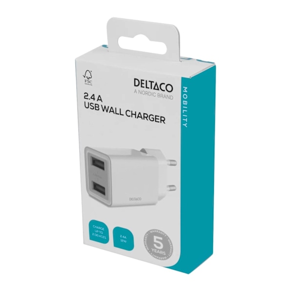 DELTACO USB wall charger, 2x USB-A, 2,4 A, total 12 W, white