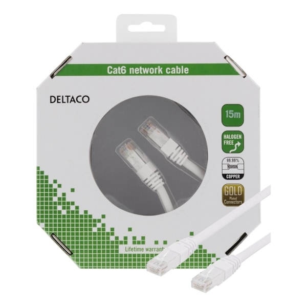 DELTACO U/UTP Cat6 laitekaapeli, 15m, 250MHz, Delta, LSZH, valkoinen