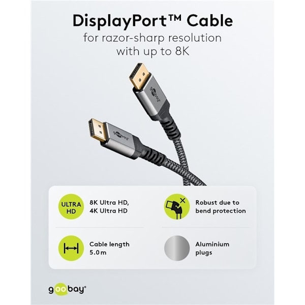 Goobay DisplayPort-kabel, DP 1.4, 5 m, Sharkskin Grey Displaypor