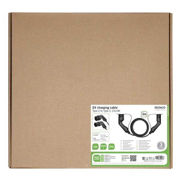 DELTACO e-Charge, kaapeli Type 2 - Type 2, 1-vaihe, 16A, 3m