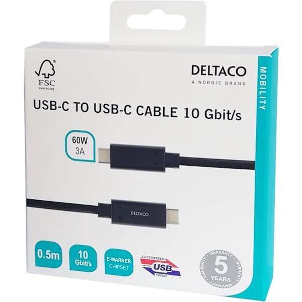 DELTACO USB-C-kaapeli, 0,5m, 60W USB PD, 10Gbps, musta