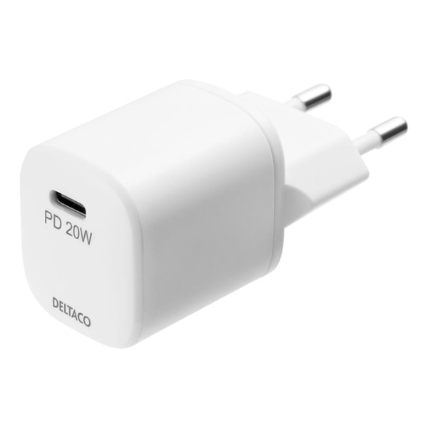 DELTACO USB-seinälaturi, USB-C, PD 20W, sis. Lightning-kaapelin, valk.