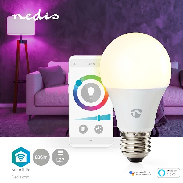 Nedis SmartLife Fuld Farve Pære | Wi-Fi | E27 | 806 lm | 9 W | RGB / Varm til kølig hvid | 2700 - 6500 K | Android™ / IOS | Pære | 1 stk