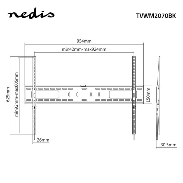 Nedis Fast TV Vægbeslag | 60 - 100 " | Maksimal vægt: 75 kg | Minimum vægafstand: 30.5 mm | Metal / Stål | Sort