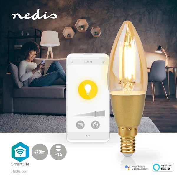 Nedis SmartLife LED Filamenttilamppu | Wi-Fi | E14 | 470 lm | 4.9 W | Lämmin Valkoinen | 1800 - 3000 K | Lasi | Android™ / IOS | Kynttilä | 1 kpl