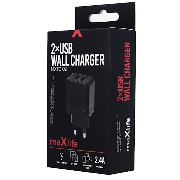 Maxlife USB-snabbladdare, MXTC-02, 2xUSB, fast charge, svart (2,4 A)