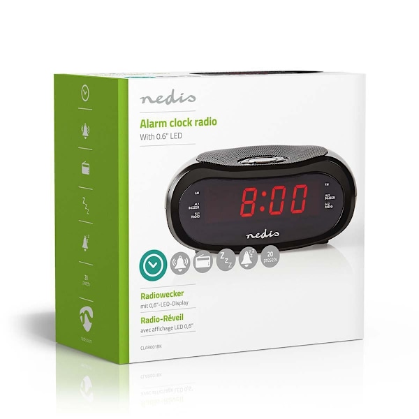 Nedis Digital vækkeur Radio | LED Display | Tidsprojektion | AM / FM | Snooze funktion | Sleep timer | Antal alarmer: 2 | Sort