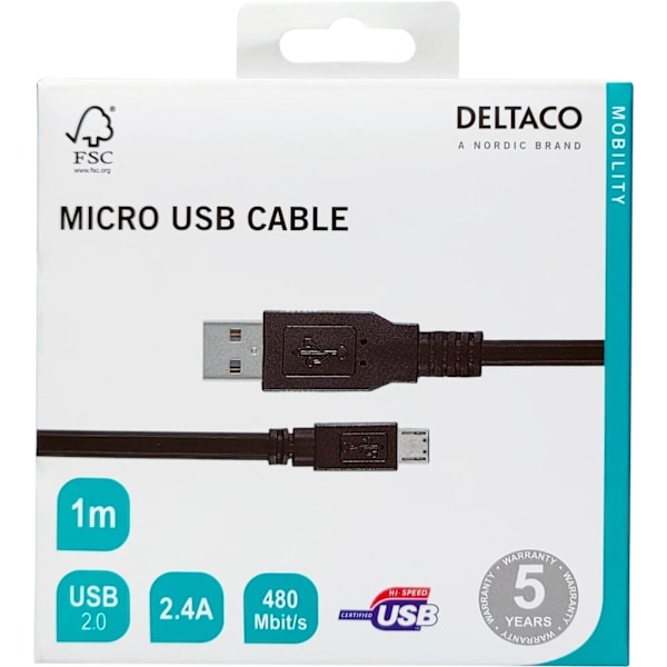 DELTACO USB 2.0 kabel Type A han - Type Micro B han, 5-pin, til opladn