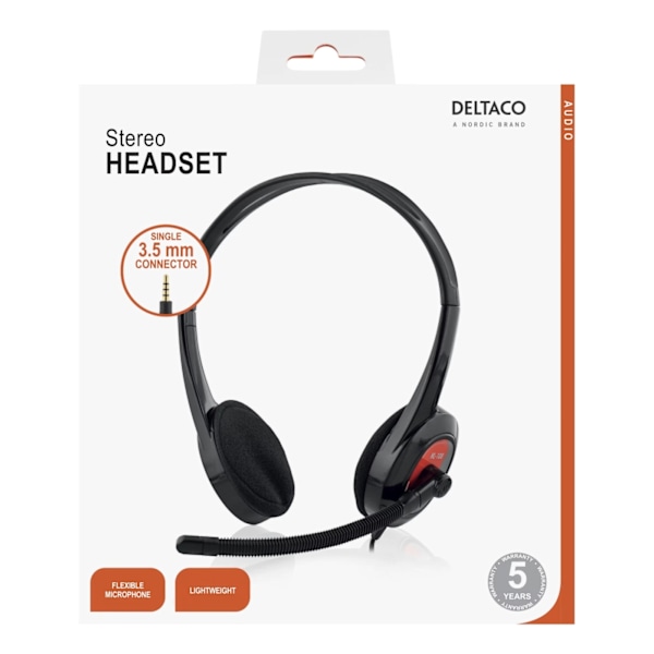 DELTACO headset, on-ear, 32 Ohm, 1x3,5mm 4-pin, 1,8m, svart/röd