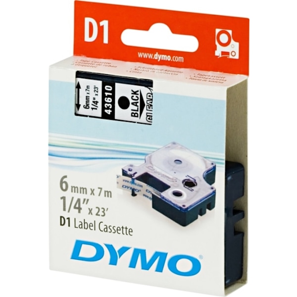 DYMO D1 merkkausteippi, 6mm, läpinäkyvä/musta teksti, 7m - 43610