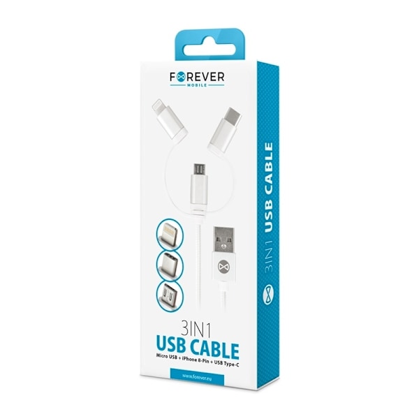 Forever USB 3-in-1 kaapeli, nailon, microUSB, USB iPhonelle & USB type-C