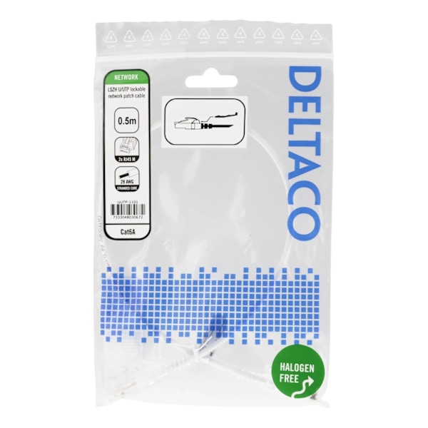 DELTACO U/UTP Cat6a laitekaapeli, 0,5m, 500MHz, lukitt. liitt., valk.