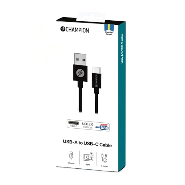 Champion USB-A till USB-C Kabel 3m Svart