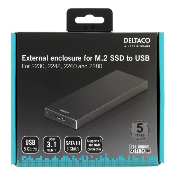 DELTACO ulkoinen M.2-kiintolevykotelo, USB 3.1 Gen 1, SATA III,