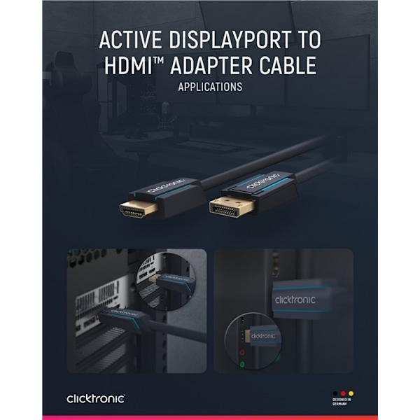 ClickTronic Adapterkabel för aktiv DisplayPortâ„¢ till HDMIâ„¢ (4K/60Hz) Premiumkabel | 1x DisplayPortâ„¢-kontakt >> 1x HDMIâ„¢-kontakt | 2,0 m | 4K @