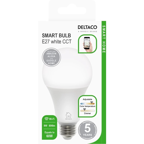 Deltaco Smart LED-Lampa E27, WiFi, dimbar, kall/varm-vit