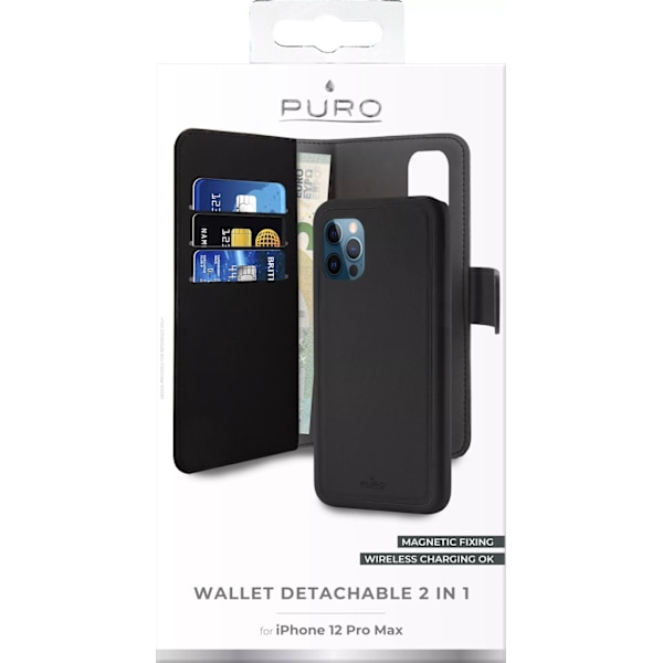 Puro iPhone 12 Pro Max, EcoLeather Wallet Detach, sort Svart