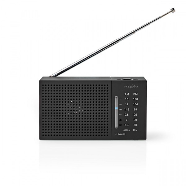 Nedis FM-radio | Bærbart design | AM / FM | Batteri | Analog | 1.5 W | Sort hvid skærm | Hovedtelefonudgang | IP20 | Sort