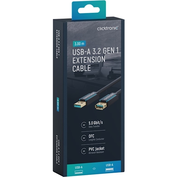ClickTronic Förlängningskabel USB-A Premiumkabel | USB A hane  USB A hona | 3,0 m | 5 Gbit/s