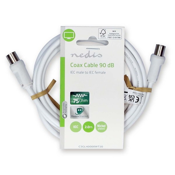 Nedis Koaxialkabel | IEC (Koax) Hane | IEC (Koax) Hona | Nickelplaterad | 90 dB | 75 Ohm | Dubbelskärmad | 2.00 m | Rund | PVC | Vit | Label