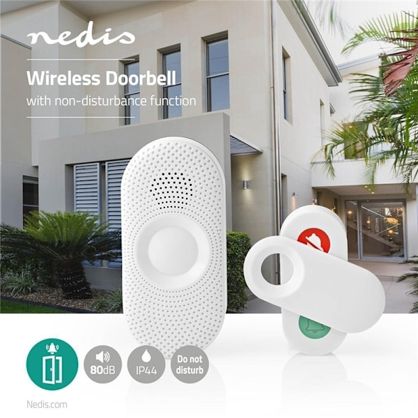 Nedis Trådlösa dörrklockan | Strömadapter | 220 - 240 V AC 50 Hz | 1x CR2032 | Volym: 80 dB | Signalområde: 300 m | IP44 | Justerbar volym | 36 Melodi