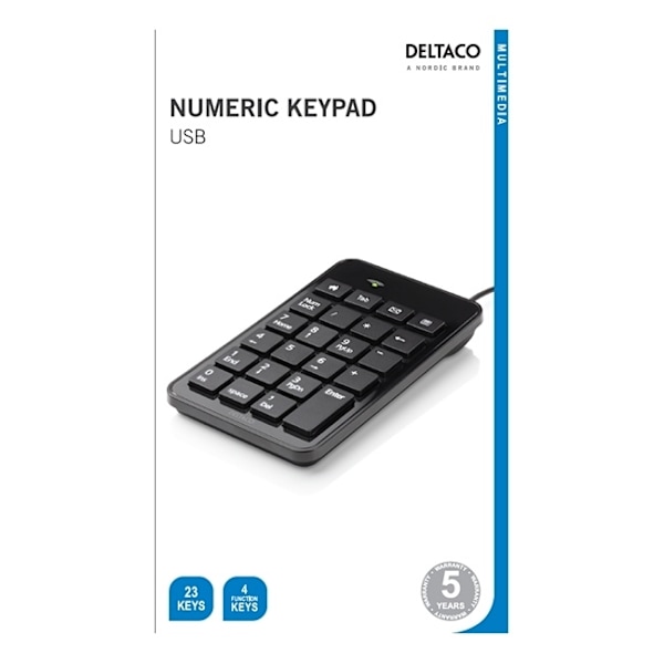 DELTACO USB-numeronäppäimistö, 23 painiketta, 4 pikanäppäintä, musta