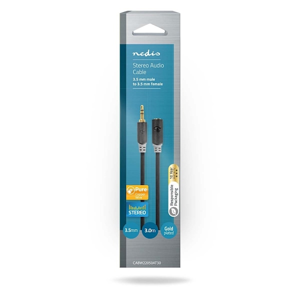 Nedis Stereoäänikaapeli | 3.5 mm uros | 3.5 mm naaras | Kullattu | 3.00 m | Pyöreä | Antrasiitti | Laatikko