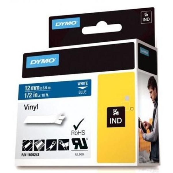 DYMO Rhino Professional, 12mm, märkbar vinyltejp, vit text blå t