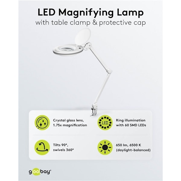 Goobay LED-luplampe med klemme, 8 W, hvid 650 lm, 127 mm krystalglaslinse, 1,75x forstørrelse, 3 dioptrier