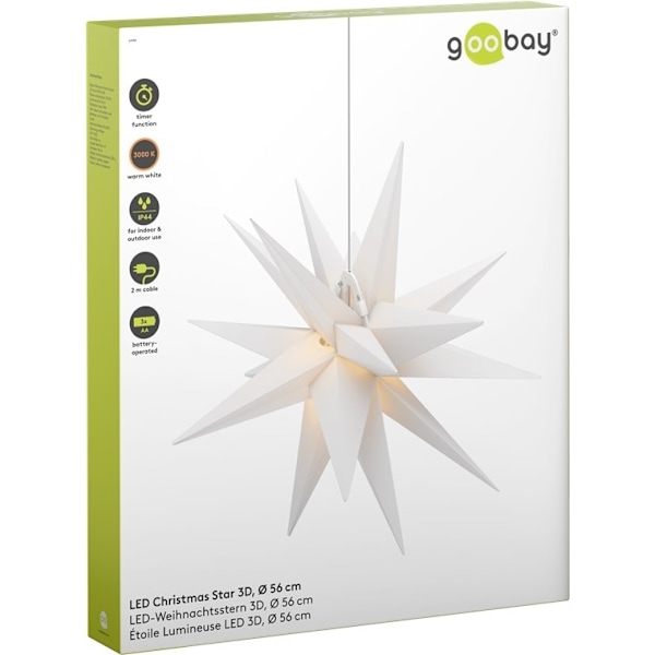 Goobay LED-julstjärna 3D, Ø 56 cm, batteridrivet med timer och 18 spetsar, varmvitt (3000 K), av väderbeständig plast (IP44), kabel 2 m