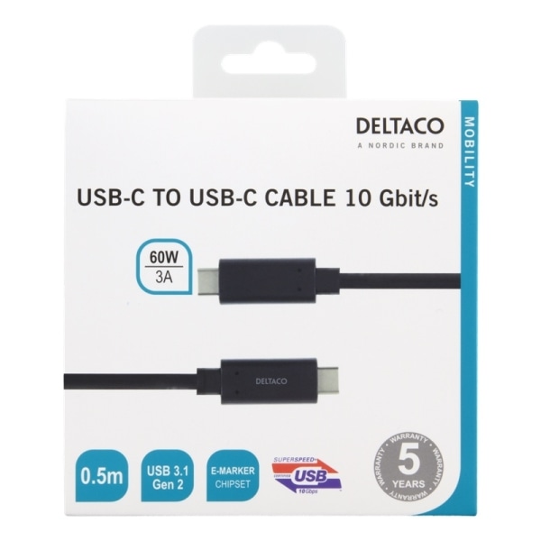 DELTACO USB-C-kaapeli, 0,5m, 60W USB PD, 10Gbps, musta