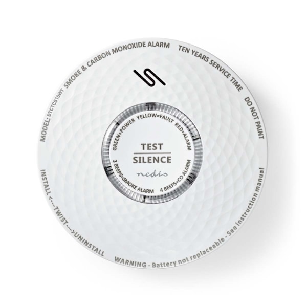 Nedis Rök & kolmonoxid Alarm | Batteridriven | Batterilängd upp till: 10 år | EN 14604 | Med testknapp | 85 dB | ABS | Vit