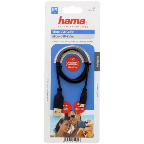HAMA USB 2.0 Micro B - A -kaapeli 0,75 m musta kullattu TL