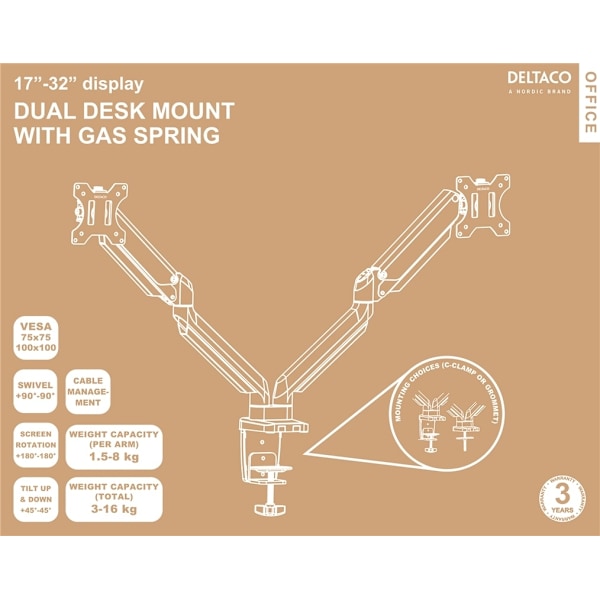 DELTACO Office, Dual desk, gas spring,17"-32",1,5-8kg,75x75-100x100