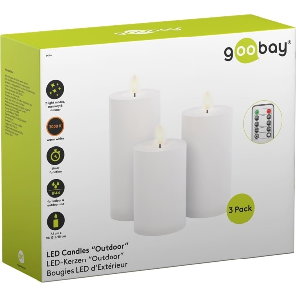 Goobay Set med 3 LED-ljus "Outdoor" med 10-knappars fjärrkontroll, för inomhus- och utomhusbruk (IP44), varmvitt (3000 K), batteridrift