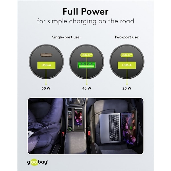 Goobay Dubbel USB-billadare USB-C™ PD (Power Delivery) (45 W) 45 W (12/24 V), lämplig för enheter med USB-C™ (Power Delivery), t.ex. iPhone 12