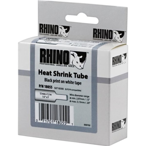 DYMO RhinoPRO, shrink tubing, 12x1,5 mm, sort tekst på hvid tape