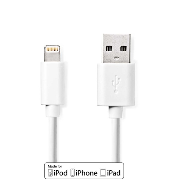 Nedis Lightning Kabel | USB 2.0 | Apple Lightning, 8-stifts | USB-A Hane | 480 Mbps | Nickelplaterad | 2.00 m | Rund | PVC | Vit | Låda
