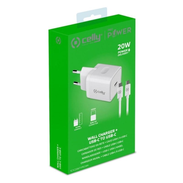 Celly USB-laddare USB-C PD 20W + USB-C-kabel
