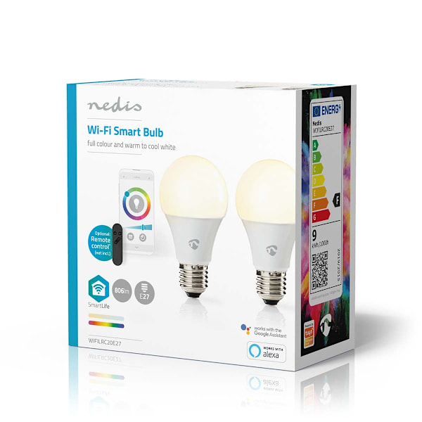 Nedis SmartLife Full Färg Glödlampa | Wi-Fi | E27 | 806 lm | 9 W | RGB / Varm till cool vit | 2700 - 6500 K | Androidâ„¢ / IOS | Glödlampa | 2 st
