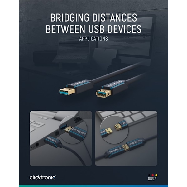 ClickTronic Förlängningskabel USB-A Premiumkabel | USB A hane  USB A hona | 3,0 m | 5 Gbit/s