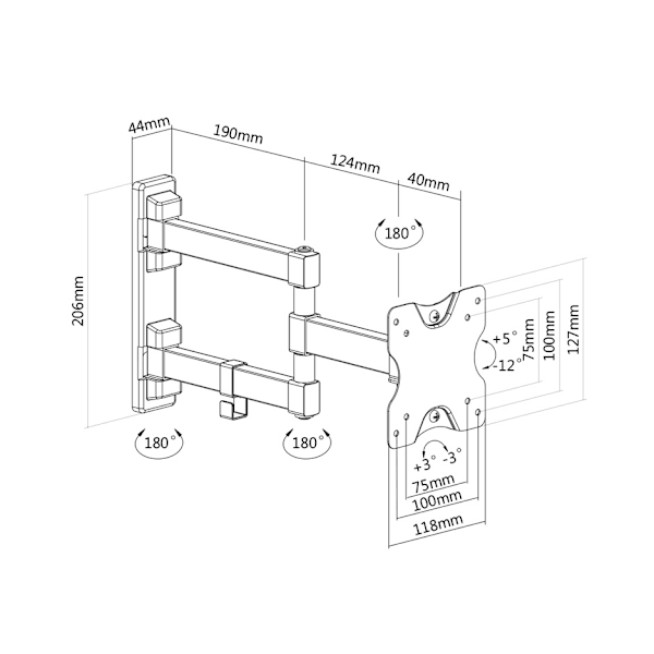 DELTACO, full-motion 3-way wall, 13"-27", 20kg, 75x75-100-100