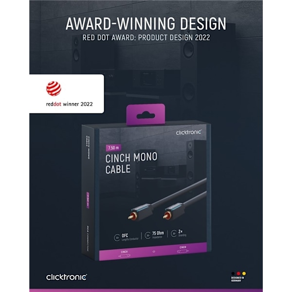 ClickTronic RCA-kabel, mono Premiumkabel | 1x cinch plug  1x cinch plug | 7,5 m | OFC innerledare