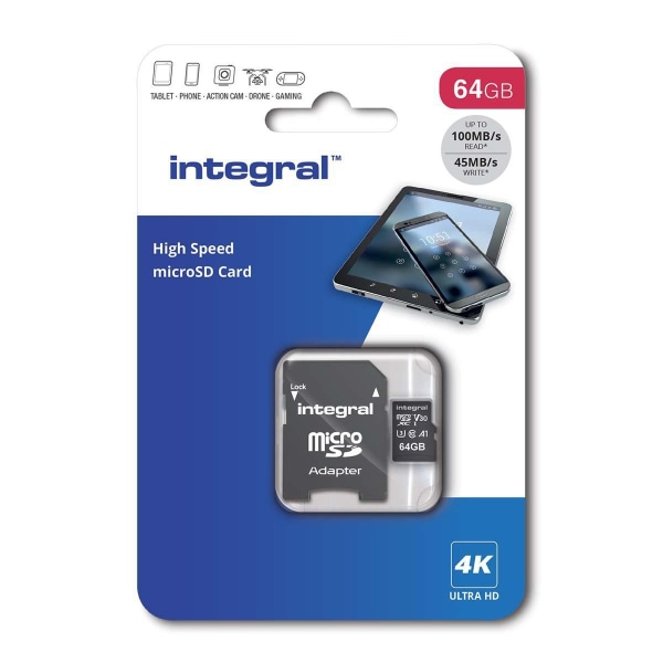 INTEGRAL 64 GB højhastigheds microSDHC/XC V30 UHS-I U3 hukommelseskort