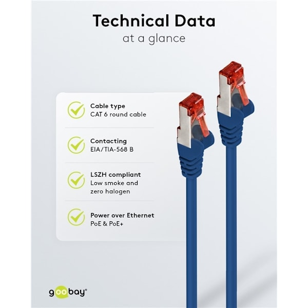 Goobay Patchkabel CAT 6, S/FTP (PiMF), blå, 0,25 m kopparledare (CU), halogenfri kabelhölje (LSZH)