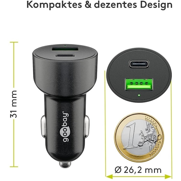 Goobay Dubbel USB-billadare USB-C™ PD (Power Delivery) (48 W) 48 W (12/24 V) USB-A/USB-C™ lämplig för enheter med USB-C™ (Power Delivery), t.ex. iPhon